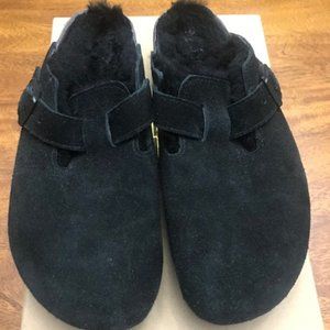 Birkenstock Boston Shearling Black Suede Leather